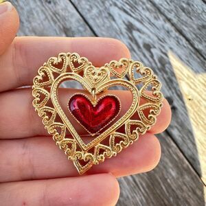 Vintage Gold Tone Heart Brooch with Red Charm
